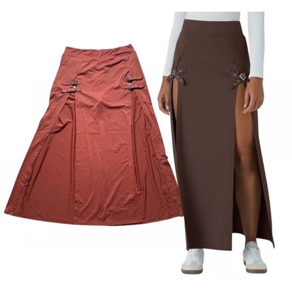 NWT Halara High Waisted Decorative Buckle Split 2-in-1 Maxi Casual Skirt Orange - Picture 1 of 7